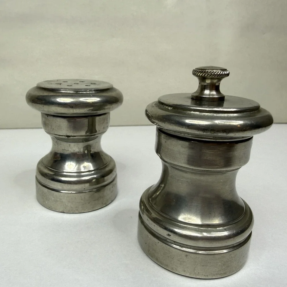 Vintage Pewter Salt Shaker & Pepper Mill Grinder Set Manual Adjustable Grind